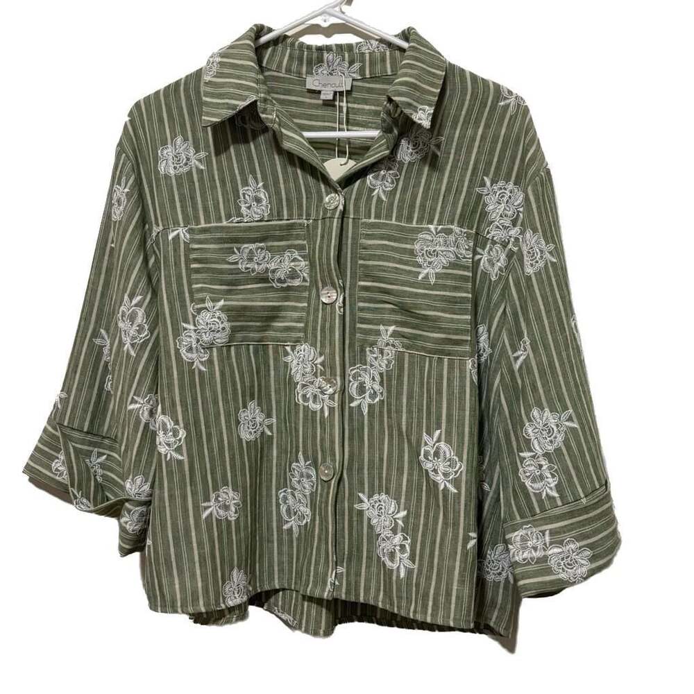New With Tags Chenault Striped Floral Embroidered Button-Up Shirt